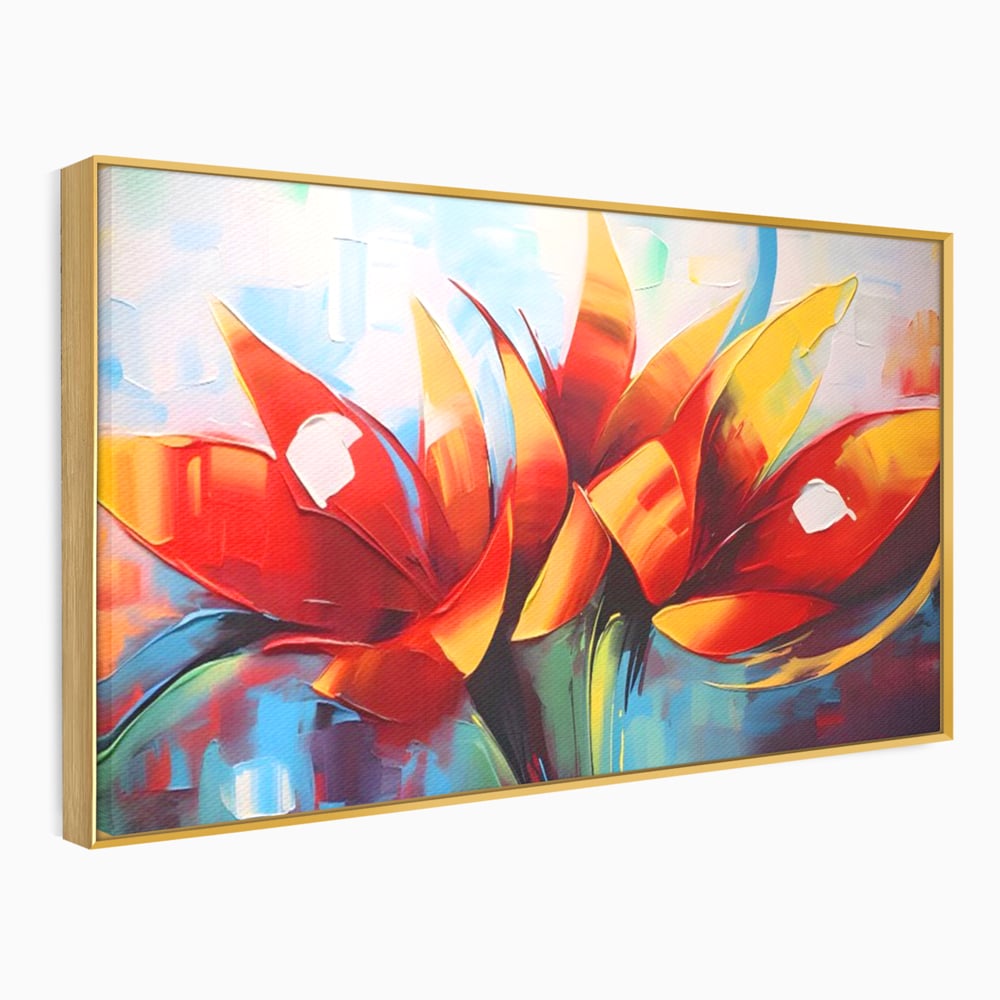 Tablou canvas cu pictura abstracta cu flori portocalii, in rama de aluminiu auriu
